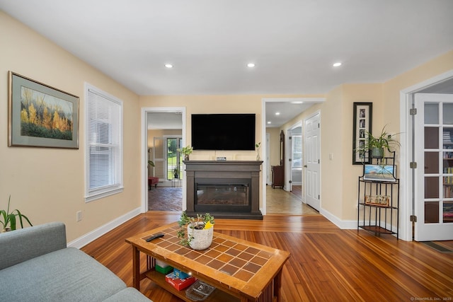 35 Deer Hill Ave, Danbury, CT 06810 - living area with baseboards, a glass covered fireplace, wood finished floors, and recessed lighting