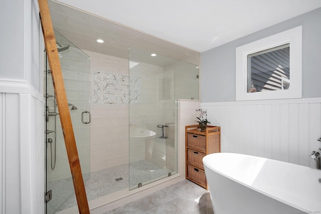 35 Deer Hill Ave, Danbury, CT 06810 - bathroom featuring a soaking tub, a stall shower, a wainscoted wall, and recessed lighting