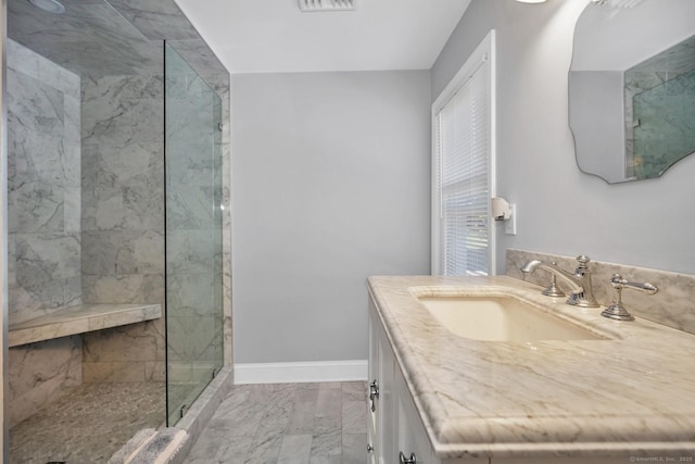 35 Deer Hill Ave, Danbury, CT 06810 - full bathroom featuring marble look tiles, vanity, a marble finish shower, and baseboards
