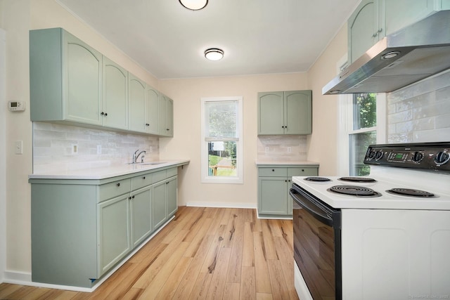 35 Deer Hill Ave, Danbury, CT 06810 - kitchen featuring range with electric stovetop, under cabinet range hood, green cabinets, light wood-type flooring, and light countertops