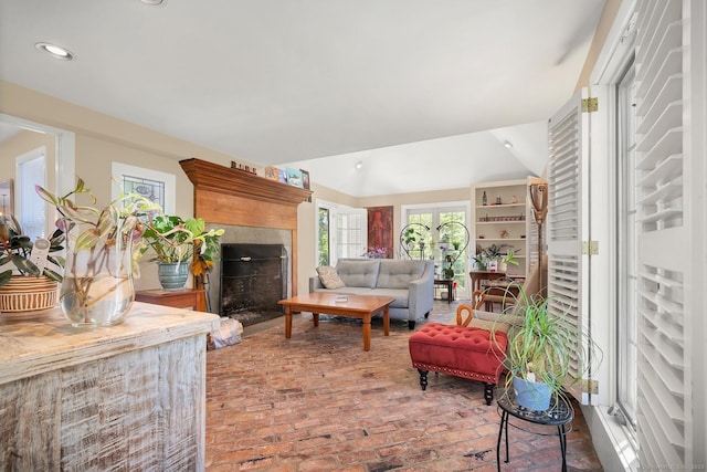35 Deer Hill Ave, Danbury, CT 06810 - living room with brick flooring, a fireplace, and recessed lighting