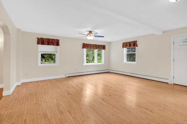 172 S Rd, Marlborough, CT 06447 - unfurnished room featuring arched walkways, light wood finished floors, a ceiling fan, baseboards, and baseboard heating