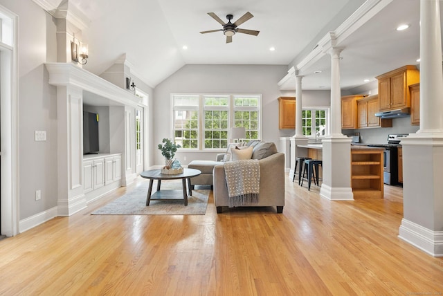 48 Evergreen Rd, Cromwell, CT 06416 - living area with ornate columns, a ceiling fan, light wood-type flooring, recessed lighting, and baseboards