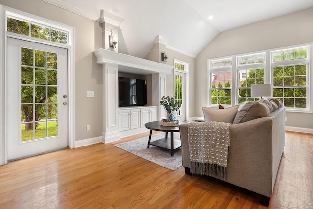 48 Evergreen Rd, Cromwell, CT 06416 - living room featuring plenty of natural light, light wood-style flooring, baseboards, vaulted ceiling, and recessed lighting