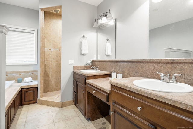 48 Evergreen Rd, Cromwell, CT 06416 - bathroom featuring vanity, tiled shower, tile patterned floors, a garden tub, and tasteful backsplash