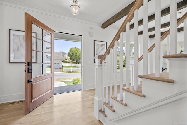 15 Barton Rd, Fairfield, CT 06824 - foyer with stairs, beamed ceiling, light wood-style flooring, and baseboards