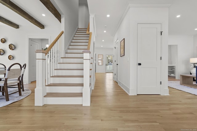 15 Barton Rd, Fairfield, CT 06824 - stairs featuring wood finished floors, crown molding, recessed lighting, and baseboards