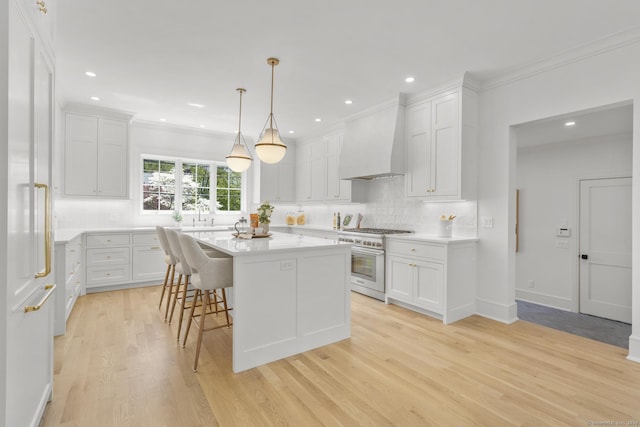 15 Barton Rd, Fairfield, CT 06824 - kitchen with high end stainless steel range oven, wall chimney exhaust hood, decorative backsplash, light wood-type flooring, and light countertops
