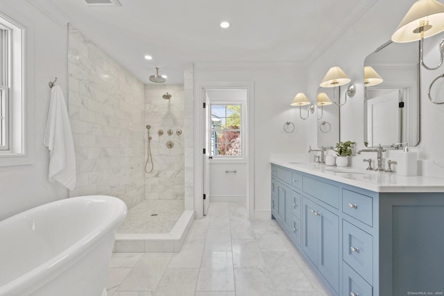 15 Barton Rd, Fairfield, CT 06824 - full bath featuring double vanity, a tile shower, a freestanding tub, marble finish floors, and crown molding