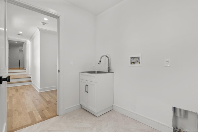 15 Barton Rd, Fairfield, CT 06824 - laundry area featuring a sink, washer hookup, baseboards, recessed lighting, and light wood-type flooring