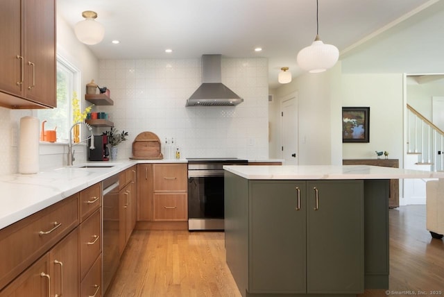 331 Calkinstown Rd, Sharon, CT 06069 - kitchen featuring wall chimney exhaust hood, stainless steel appliances, a sink, light wood-type flooring, and tasteful backsplash