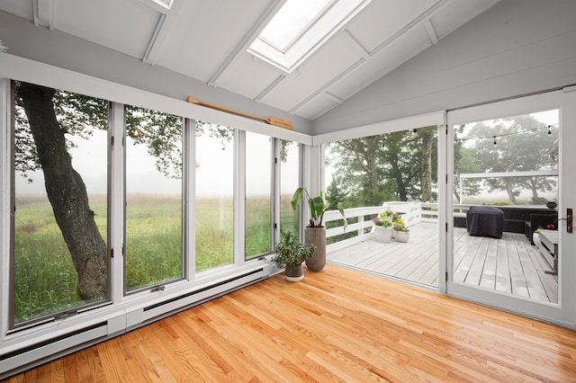 55 Cypress Rd, Old Saybrook, CT 06475 - unfurnished sunroom featuring a baseboard heating unit, vaulted ceiling, and a skylight