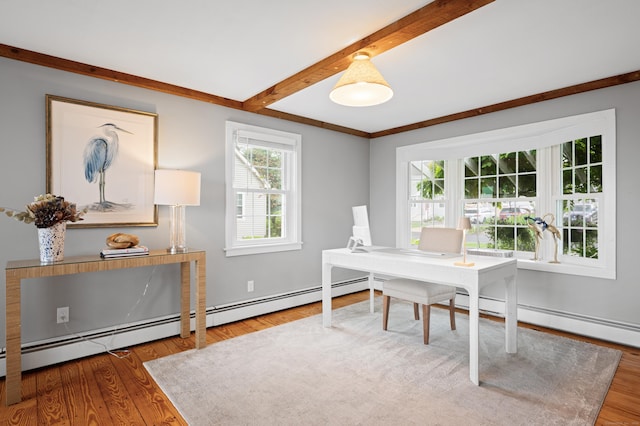 55 Cypress Rd, Old Saybrook, CT 06475 - home office featuring beamed ceiling, wood finished floors, and baseboard heating