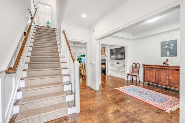 2180 Kings Hwy Unit 1, Fairfield, CT 06824 - stairway with ornamental molding, wood finished floors, plenty of natural light, a ceiling fan, and recessed lighting