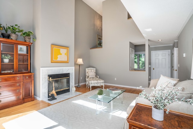 53 Bathcrescent Ln Unit 53, Bloomfield, CT 06002 - living room featuring a fireplace, wood finished floors, baseboards, and ornamental molding