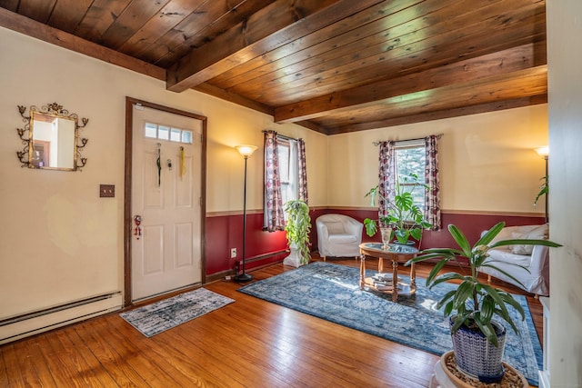 115 Ashland Ave, Newington, CT 06111 - foyer with hardwood / wood-style floors, wooden ceiling with exposed beams, and a baseboard heating unit