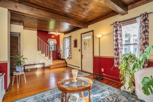 115 Ashland Ave, Newington, CT 06111 - entrance foyer featuring plenty of natural light, wood ceiling with exposed beams, wood finished floors, a baseboard heating unit, and stairway