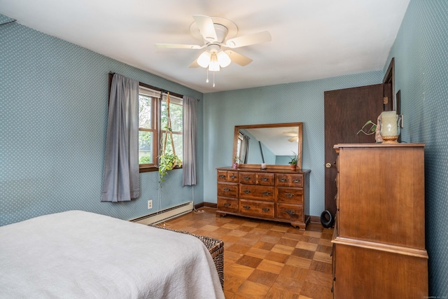 115 Ashland Ave, Newington, CT 06111 - bedroom with a baseboard radiator, wallpapered walls, ceiling fan, and baseboards