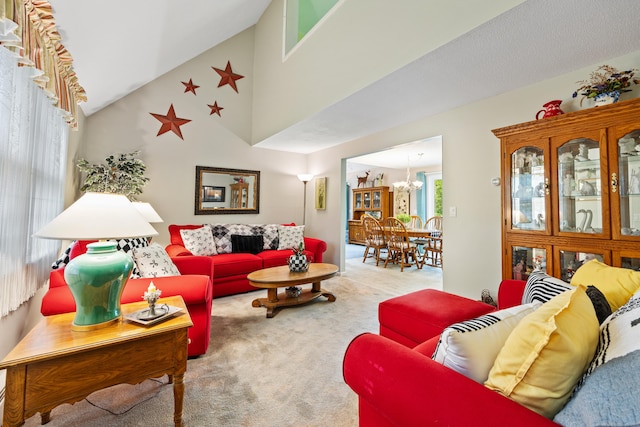76 River St W, Old Saybrook, CT 06475 - living room with a chandelier, carpet floors, and lofted ceiling