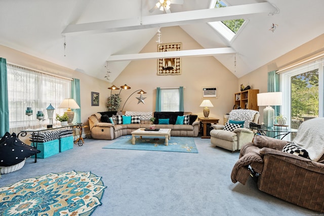 76 River St W, Old Saybrook, CT 06475 - living room featuring carpet, a ceiling fan, plenty of natural light, beam ceiling, and high vaulted ceiling