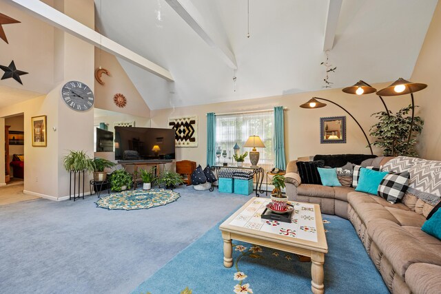 76 River St W, Old Saybrook, CT 06475 - carpeted living room with high vaulted ceiling and beam ceiling