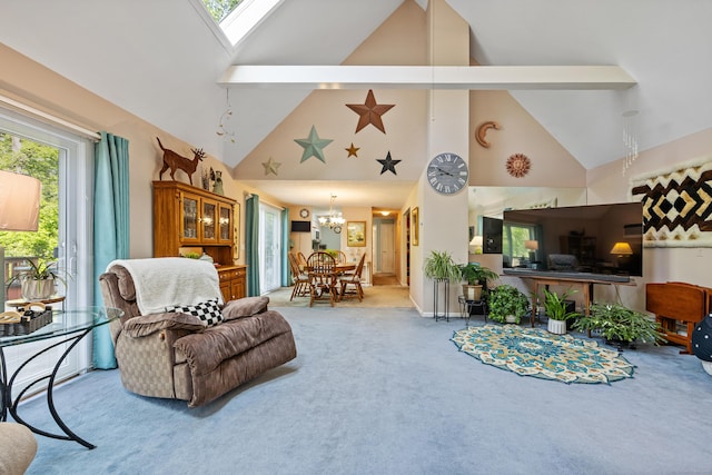 76 River St W, Old Saybrook, CT 06475 - living room featuring carpet flooring, high vaulted ceiling, and a chandelier