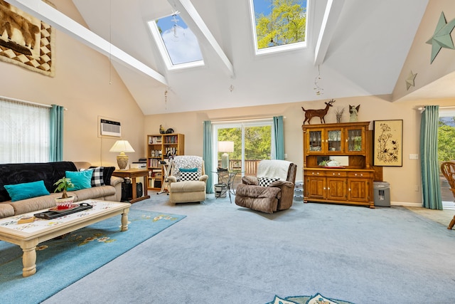 76 River St W, Old Saybrook, CT 06475 - carpeted living room with high vaulted ceiling, a skylight, healthy amount of natural light, a wall unit AC, and beamed ceiling