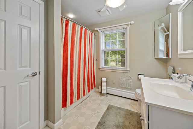76 River St W, Old Saybrook, CT 06475 - full bath featuring vanity, a baseboard heating unit, a shower with shower curtain, and tile patterned floors