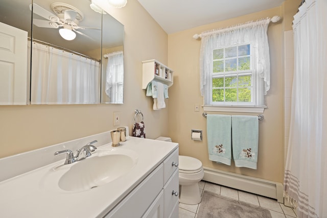 76 River St W, Old Saybrook, CT 06475 - bathroom with a baseboard heating unit, vanity, tile patterned floors, ceiling fan, and a shower with shower curtain