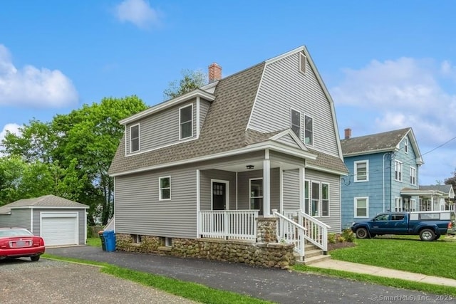 34 Wilbur Ave, Meriden, CT 06450 - colonial inspired home featuring a porch, a gambrel roof, a shingled roof, an outbuilding, and a chimney