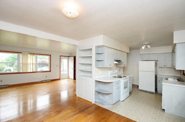 58 Wade St, West Haven, CT 06516 - kitchen with open shelves, white appliances, a sink, under cabinet range hood, and light countertops