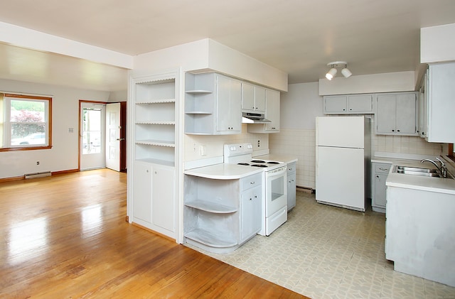 58 Wade St, West Haven, CT 06516 - kitchen with white appliances, open shelves, under cabinet range hood, and a sink