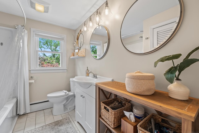 10 Ciccio Ct, Plainville, CT 06062 - bathroom with a baseboard heating unit, vanity, toilet, shower / bath combo with shower curtain, and tile patterned floors