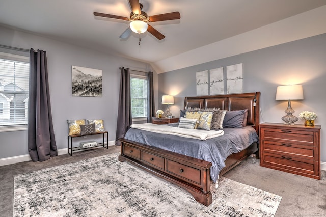 905 New Britain Ave, Farmington, CT 06032 - bedroom featuring carpet floors, baseboards, vaulted ceiling, and a ceiling fan