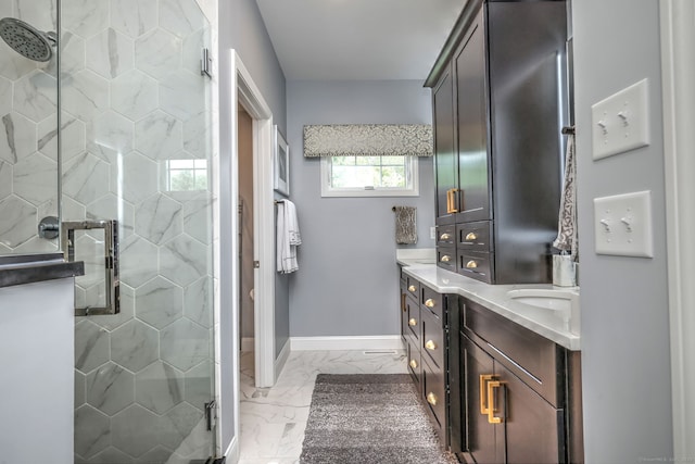 905 New Britain Ave, Farmington, CT 06032 - full bathroom with marble finish flooring, vanity, a stall shower, and baseboards