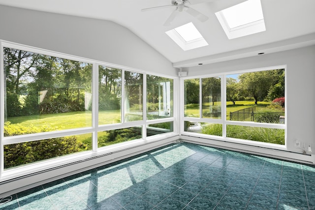 37 Topfield Rd, Wilton, CT 06897 - unfurnished sunroom with a skylight, vaulted ceiling, baseboard heating, and view of scattered trees