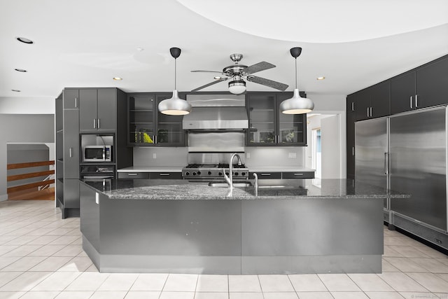 37 Topfield Rd, Wilton, CT 06897 - kitchen featuring appliances with stainless steel finishes, wall chimney range hood, ceiling fan, glass insert cabinets, and recessed lighting