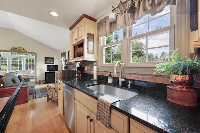 50 Clinton St, Glastonbury, CT 06033 - kitchen with stainless steel dishwasher, a sink, lofted ceiling, light wood finished floors, and open floor plan