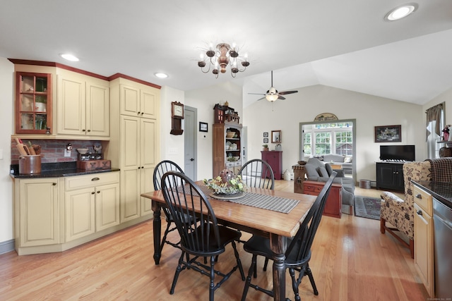 50 Clinton St, Glastonbury, CT 06033 - dining space with a ceiling fan, vaulted ceiling, light wood-type flooring, and recessed lighting