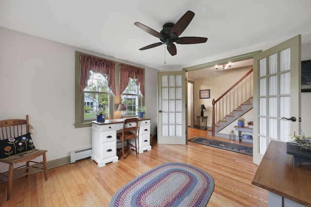 50 Clinton St, Glastonbury, CT 06033 - office area with french doors, light wood-style flooring, baseboard heating, ceiling fan, and baseboards