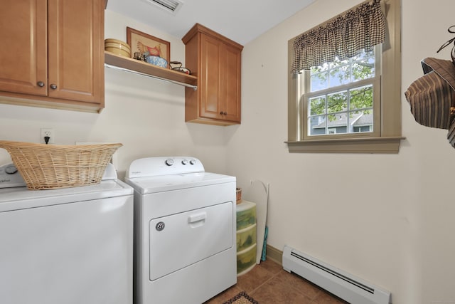 50 Clinton St, Glastonbury, CT 06033 - washroom featuring a baseboard radiator, separate washer and dryer, cabinet space, tile patterned floors, and baseboards