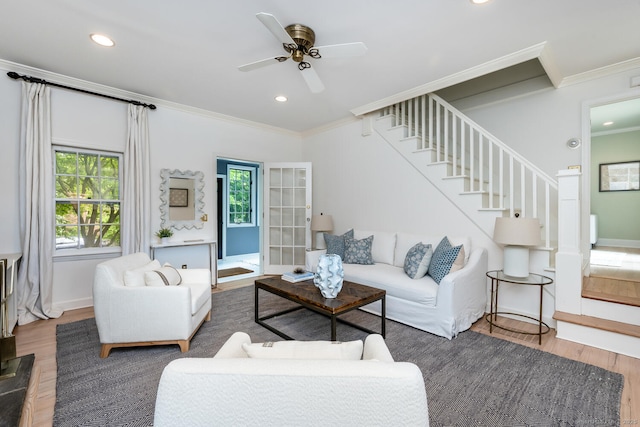 19 Bryan Rd, Norwalk, CT 06853 - living area with stairway, wood finished floors, crown molding, a ceiling fan, and recessed lighting