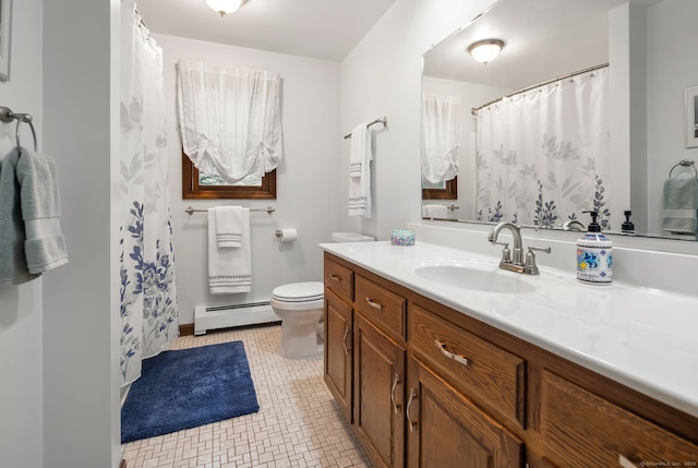 132 Royal Oak Dr, Southington, CT 06489 - bathroom featuring baseboard heating, vanity, toilet, and a shower with curtain