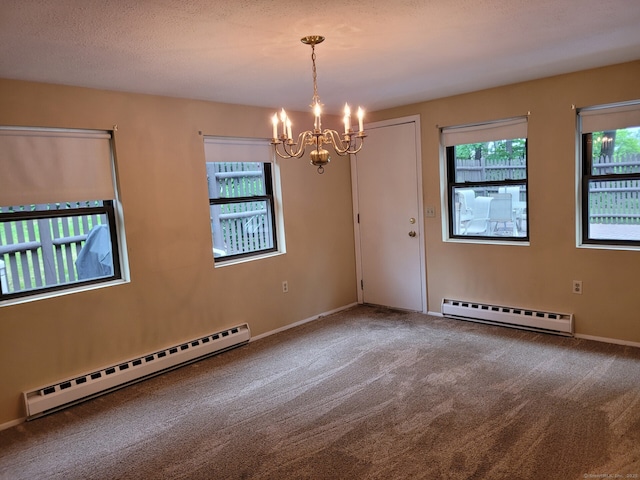 13 Little River Ln, Middletown, CT 06457 - spare room featuring baseboard heating, a baseboard heating unit, a chandelier, carpet flooring, and baseboards