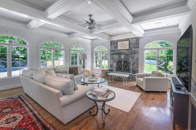 134 Nod Rd, Ridgefield, CT 06877 - living area featuring crown molding, beam ceiling, a stone fireplace, a ceiling fan, and coffered ceiling