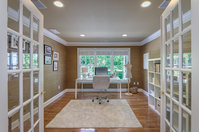 134 Nod Rd, Ridgefield, CT 06877 - office area with crown molding, baseboards, wood finished floors, wallpapered walls, and recessed lighting