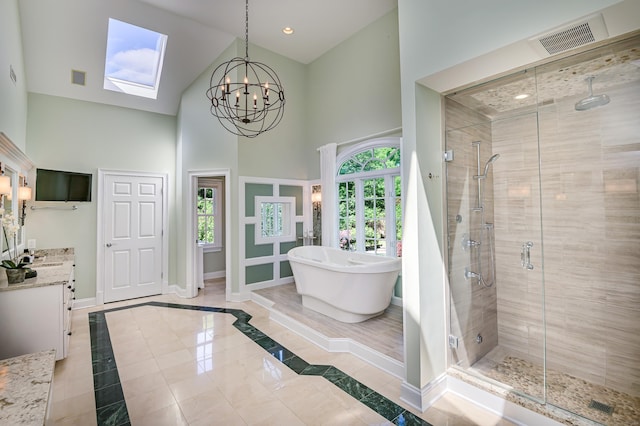 134 Nod Rd, Ridgefield, CT 06877 - full bathroom with a towering ceiling, baseboards, a shower stall, a freestanding tub, and vanity