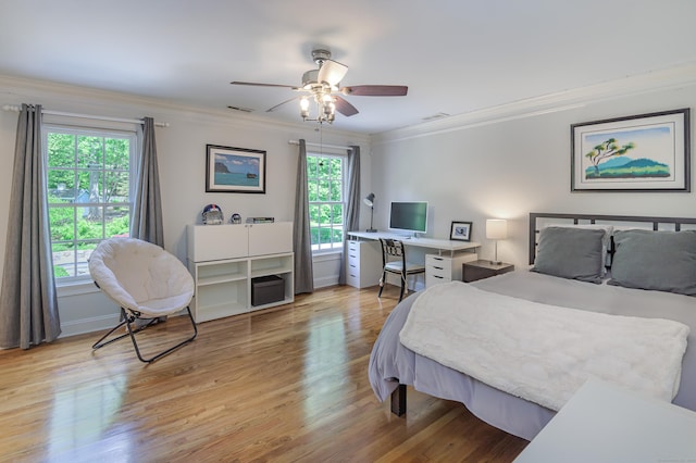 134 Nod Rd, Ridgefield, CT 06877 - bedroom with crown molding, multiple windows, light wood finished floors, ceiling fan, and baseboards