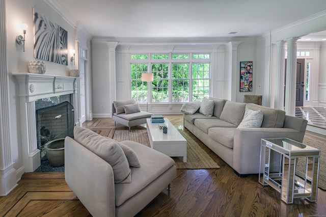 134 Nod Rd, Ridgefield, CT 06877 - living room featuring ornate columns, ornamental molding, healthy amount of natural light, and a premium fireplace
