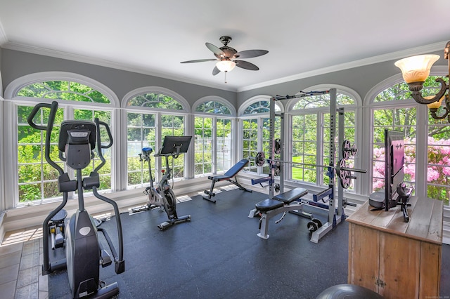 134 Nod Rd, Ridgefield, CT 06877 - workout area with a ceiling fan and ornamental molding